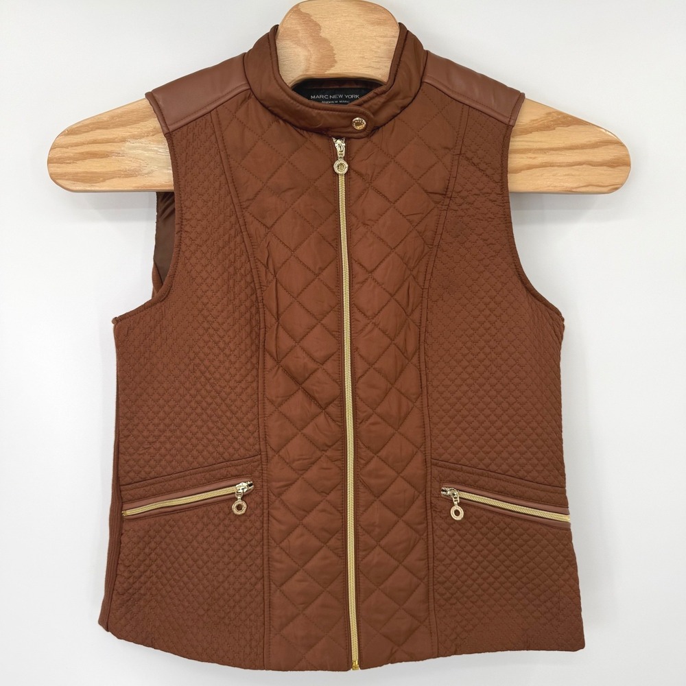Marc New York Quilted Vest Women Large Brown Faux Leather Trim Equestrian Zip
